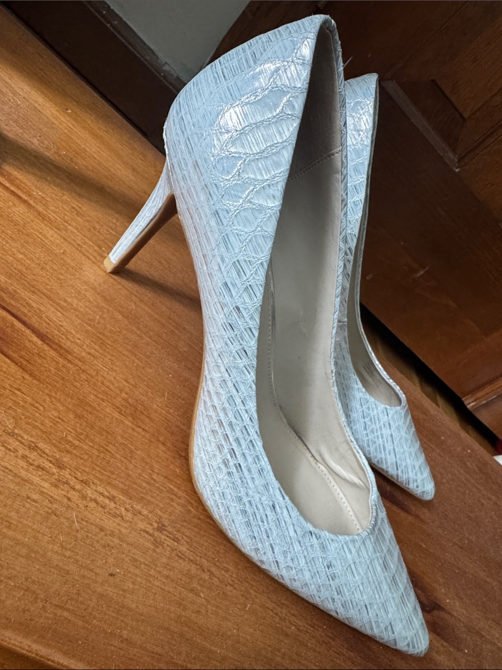 Calvin Klein Silver Snake-Textured Pointed-Toe Stiletto Pumps